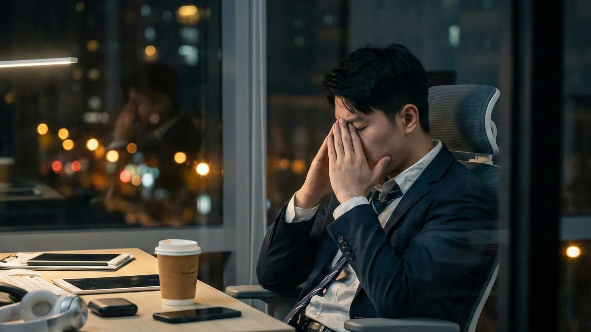 Stressed Businessman in Office at Night